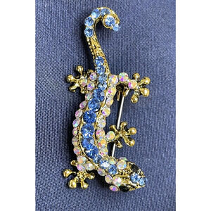 NWOT Blue Rhinestone Lizard Gecko Brooch Pin Yellow Gold Toned Glass Crystal
